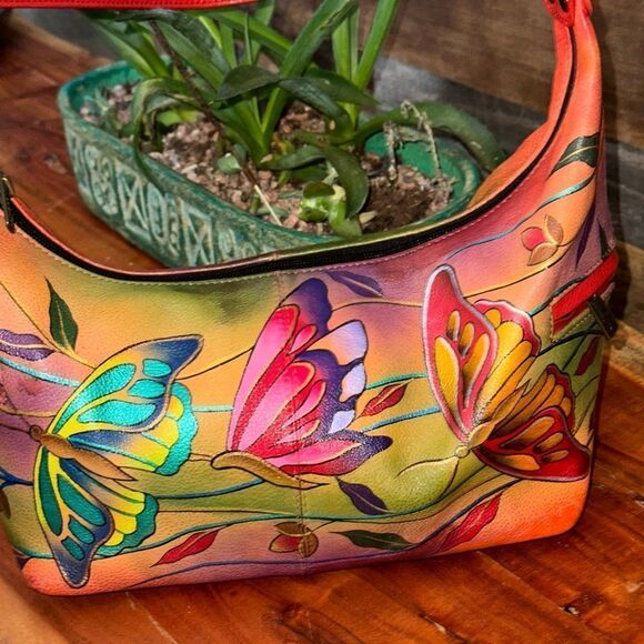 🦋🦋Anuschka Handpainted Leather Medium Hobo Shoulder Bag Butterfly - Picture 4 of 14